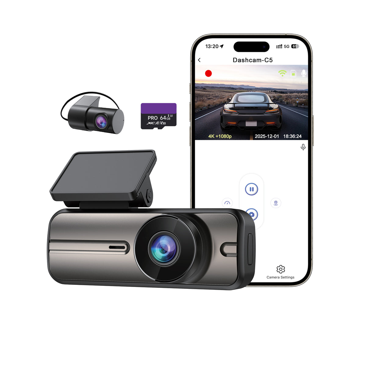 Dashcam vorne und hinten 4K+1080P, 5GHz WiFi, Dual-Dashcam mit 64GB Karte, App-Steuerung, 1,47" IPS-Bildschirm, 24 Std. Parkmodus, Nachtsicht, 170°-Weitwinkel, G-Sensor, WDR, Autokamera (C5)